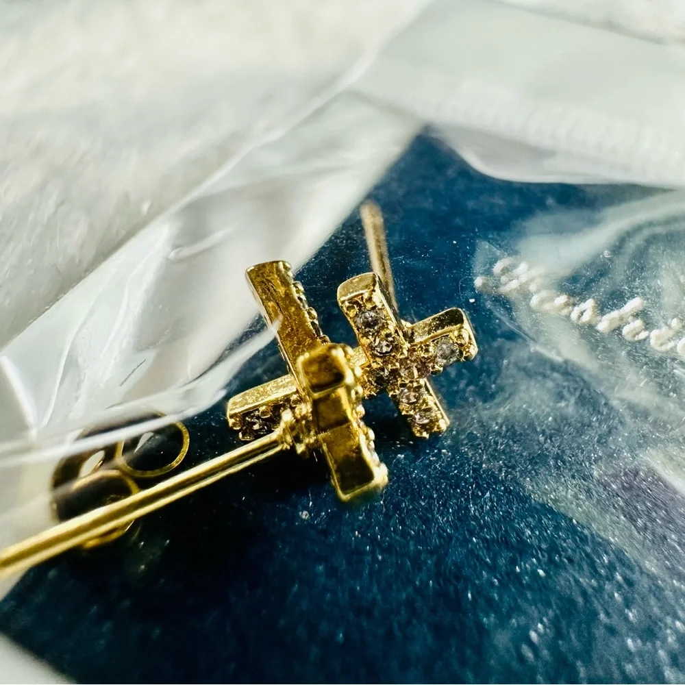14K Gold Plated CZ Inlay Christian Cross Small Stud Earrings Baby Girl Women New - Picture 9 of 14